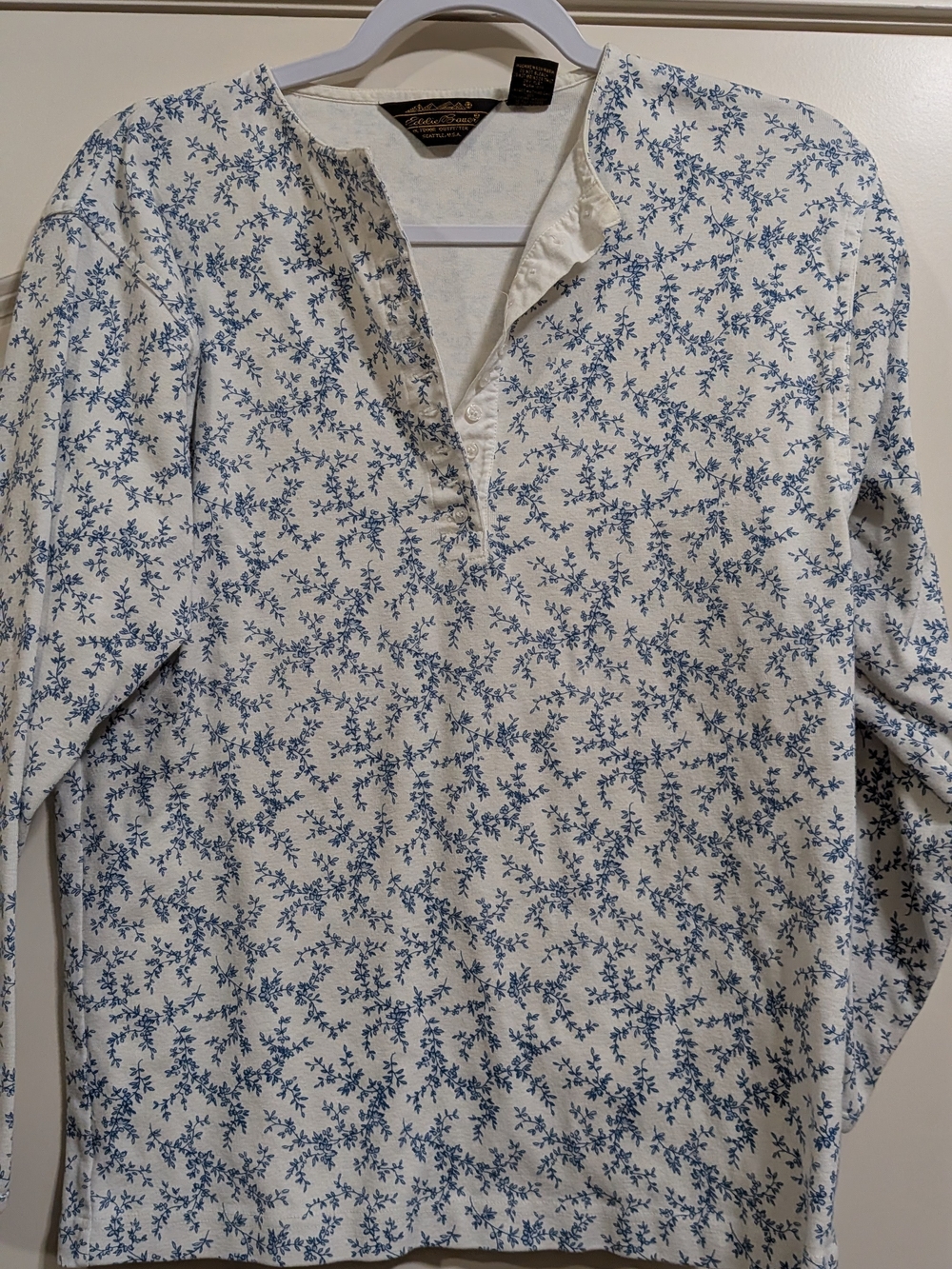 Vintage Eddie Bauer Cream Long-Sleeve Henley with Blue Floral Print